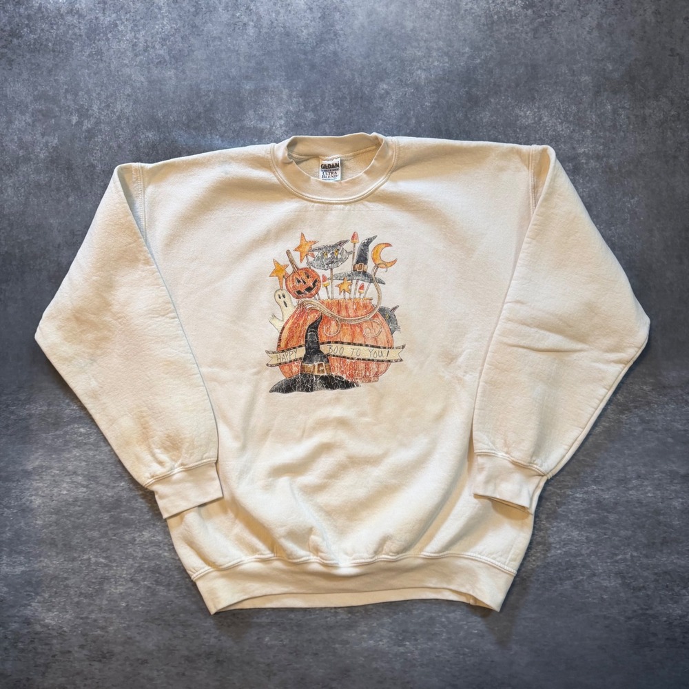 Vintage Halloween Sweatshirt Womens Large Cream Happy Boo To You Pumpkin Gildan